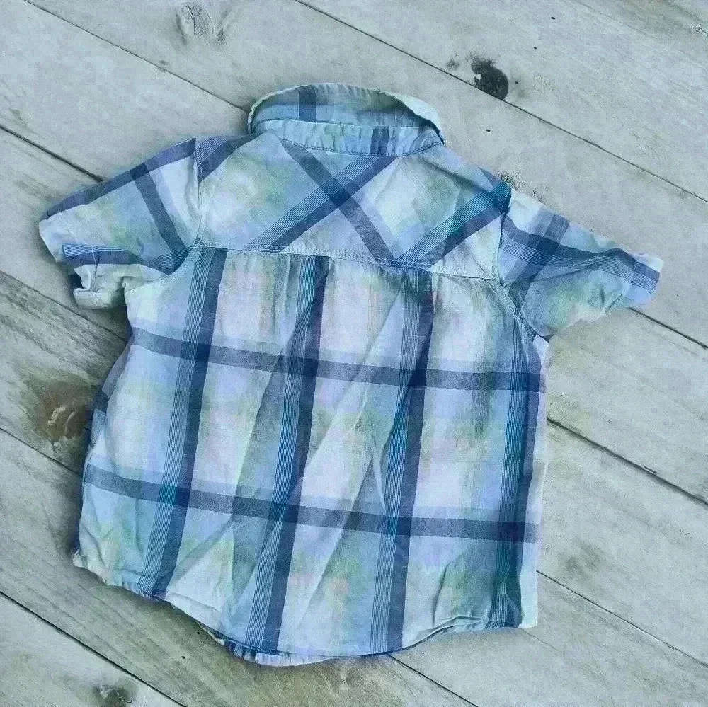 Old Navy Toddler Boys Plaid Button Up Flannel Shirt Short Sleeve Size 3T Blue